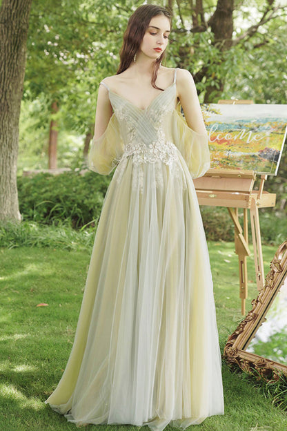 Green Lace Long Prom Dresses, Beautiful A-Line Evening Dresses