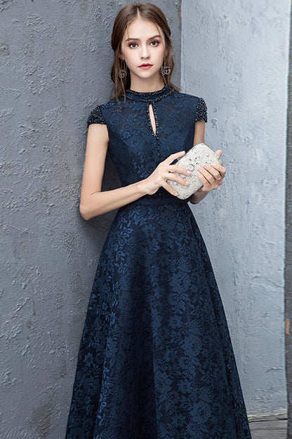 Beautiful Navy Blue Evening Dresses, Blue Lace Floor Length Prom Dresses