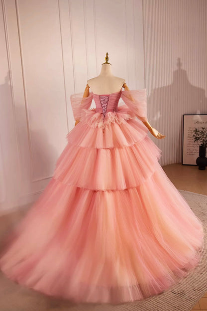 Pink Off the Shoulder Long A-Line Ball Gown, Beautiful Tulle Layers Sweet 16 Dress