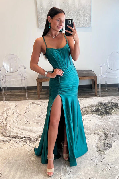 Mermaid Pleated Satin Long Prom Dress with Slit, Mermaid Backless Evening Party Dress