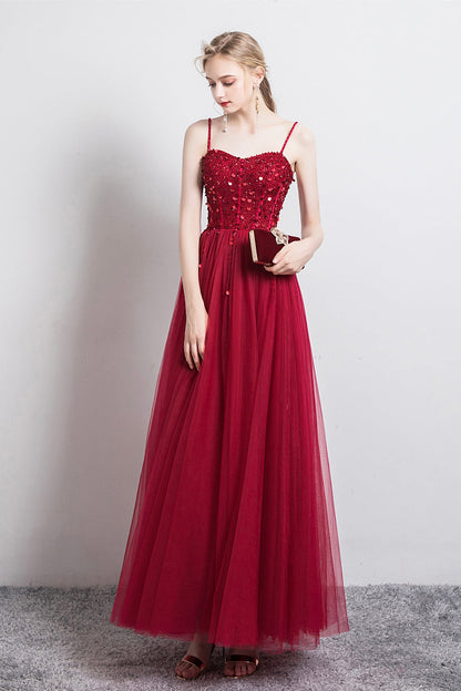 Burgundy Spaghetti Strap Tulle Formal Dress, Beautiful Evening Dress with Beaded