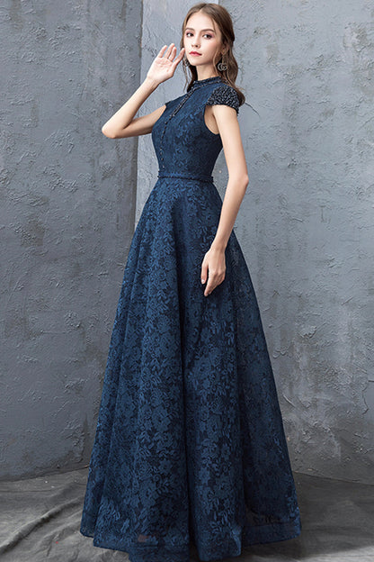 Beautiful Navy Blue Evening Dresses, Blue Lace Floor Length Prom Dresses