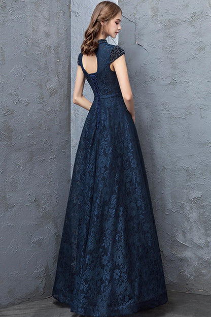Beautiful Navy Blue Evening Dresses, Blue Lace Floor Length Prom Dresses