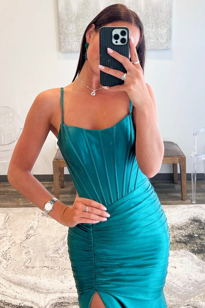 Mermaid Pleated Satin Long Prom Dress with Slit, Mermaid Backless Evening Party Dress