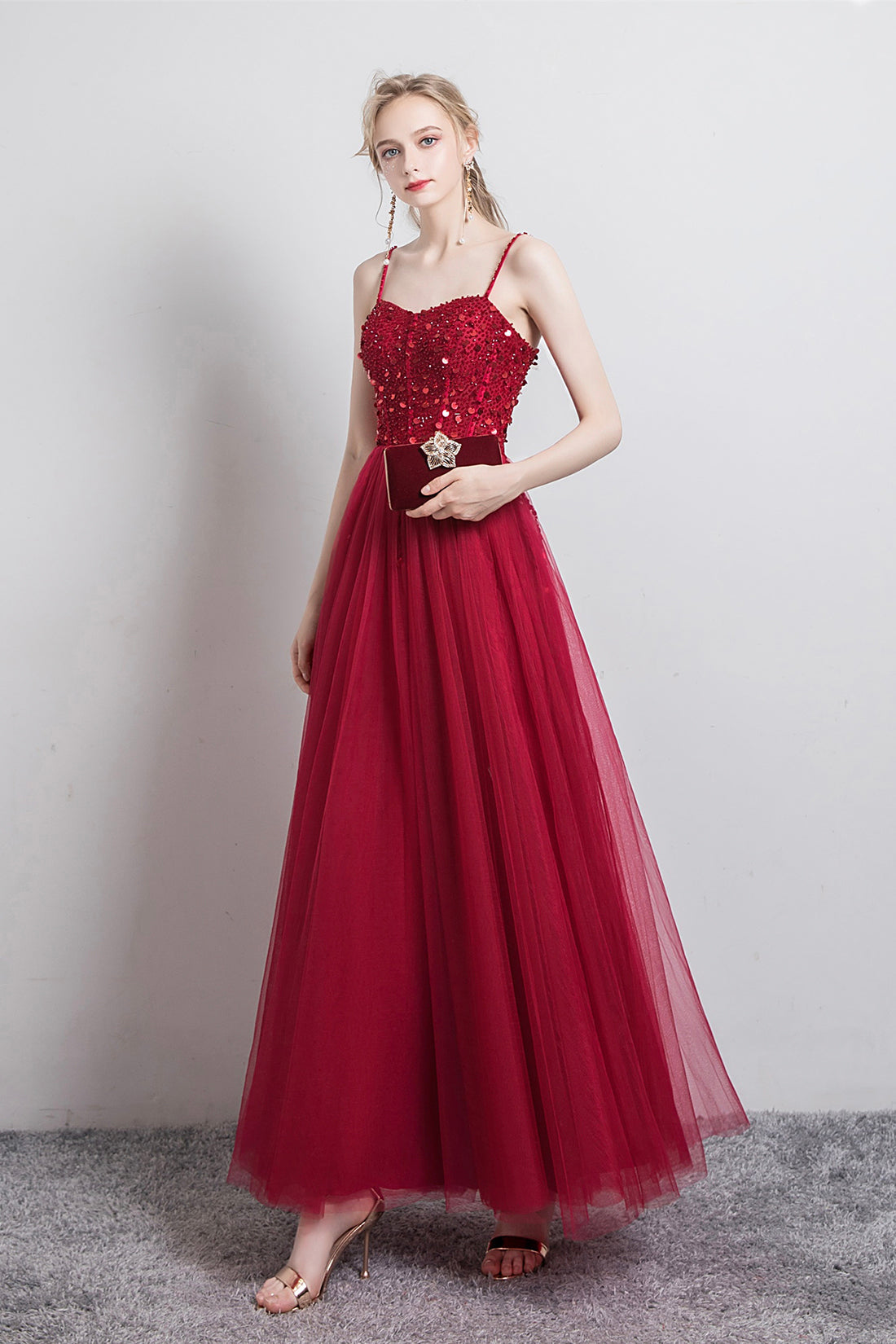 Burgundy Spaghetti Strap Tulle Formal Dress, Beautiful Evening Dress with Beaded