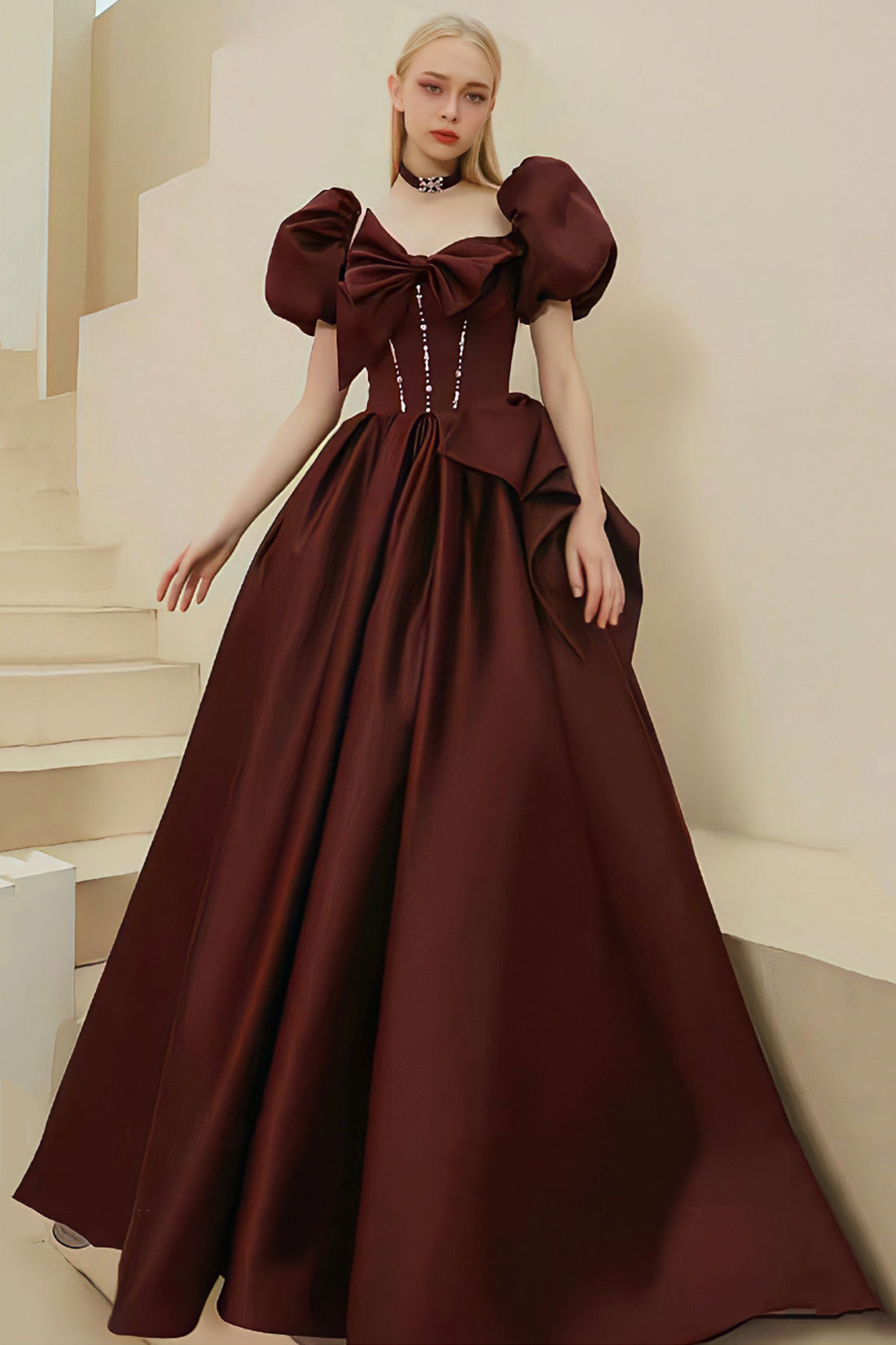 Burgundy Satin Long Prom Dress, Short Sleeve Evening Dress, Burgundy Party Dress