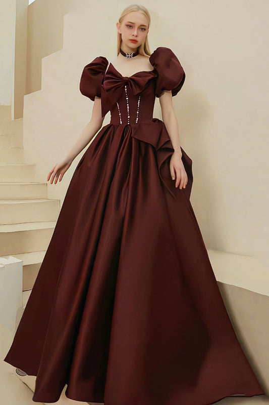 Burgundy Satin Long Prom Dress, Short Sleeve Evening Dress, Burgundy Party Dress