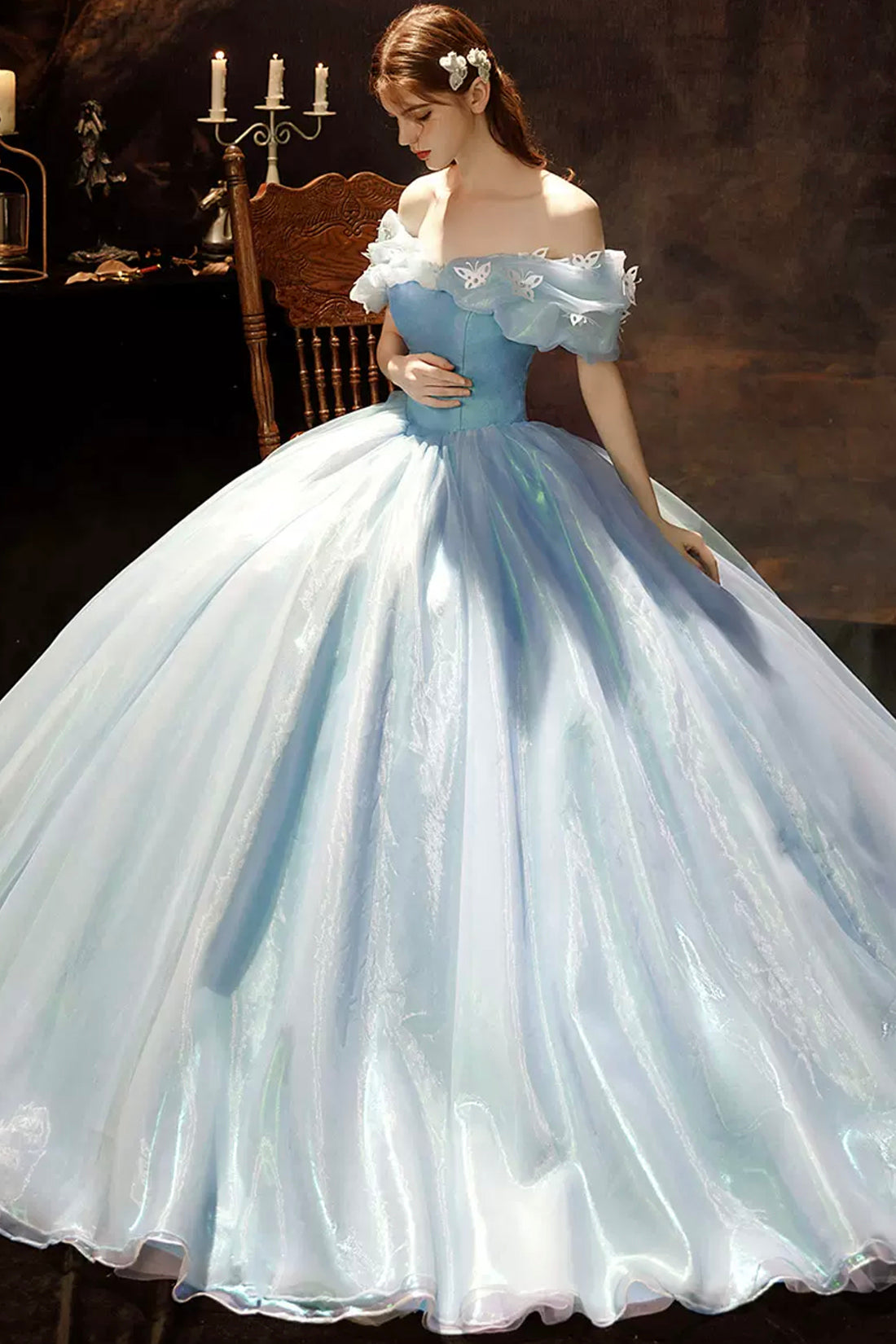 Blue Tulle Long Princess Dress, A-Line Off the Shoulder Evening Party Dress