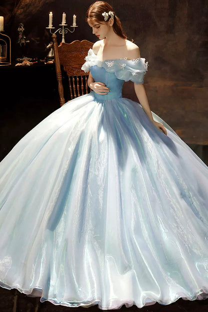 Blue Tulle Long Princess Dress, A-Line Off the Shoulder Evening Party Dress