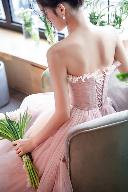 Pink Strapless Tulle Long Prom Dress, Beautiful Sweetheart Evening Dress