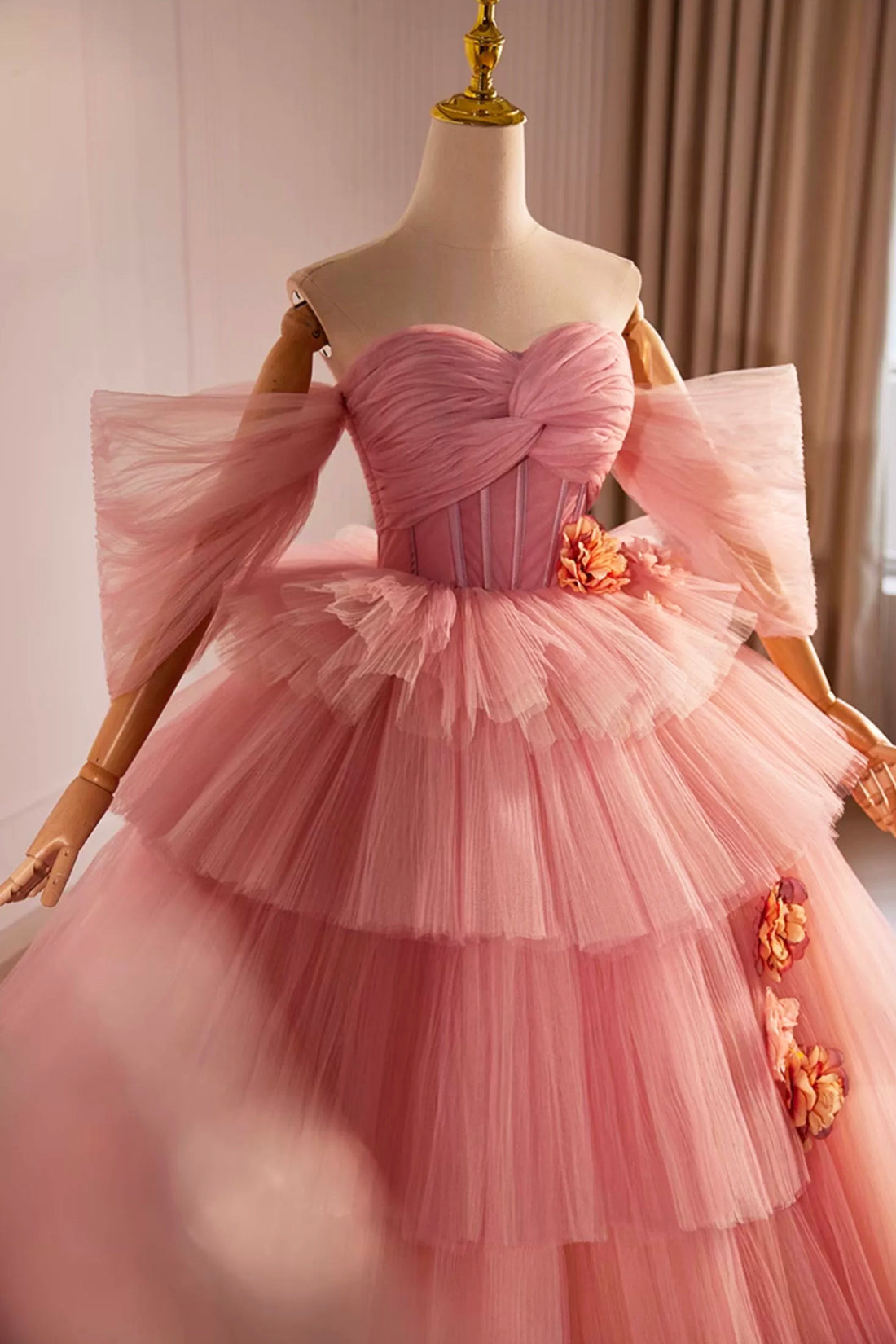 Pink Off the Shoulder Long A-Line Ball Gown, Beautiful Tulle Layers Sweet 16 Dress