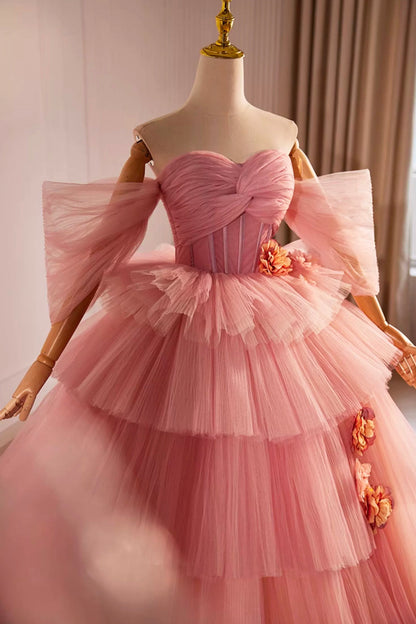 Pink Off the Shoulder Long A-Line Ball Gown, Beautiful Tulle Layers Sweet 16 Dress