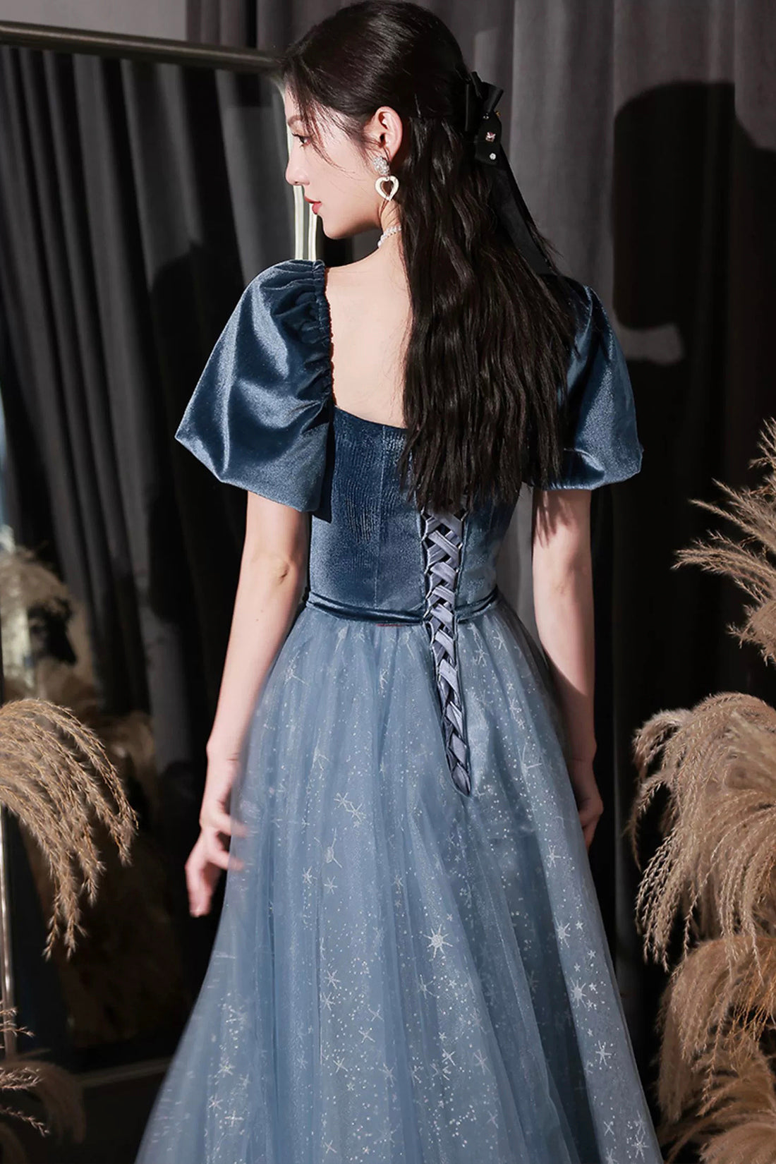 Blue Velvet Tulle Long Prom Dress, Beautiful Short Sleeve Evening Dress