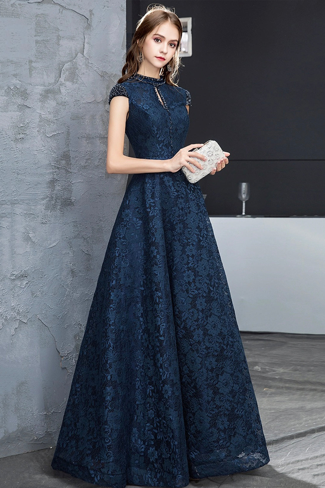 Beautiful Navy Blue Evening Dresses, Blue Lace Floor Length Prom Dresses