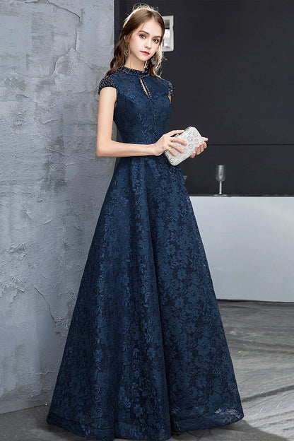 Beautiful Navy Blue Evening Dresses, Blue Lace Floor Length Prom Dresses