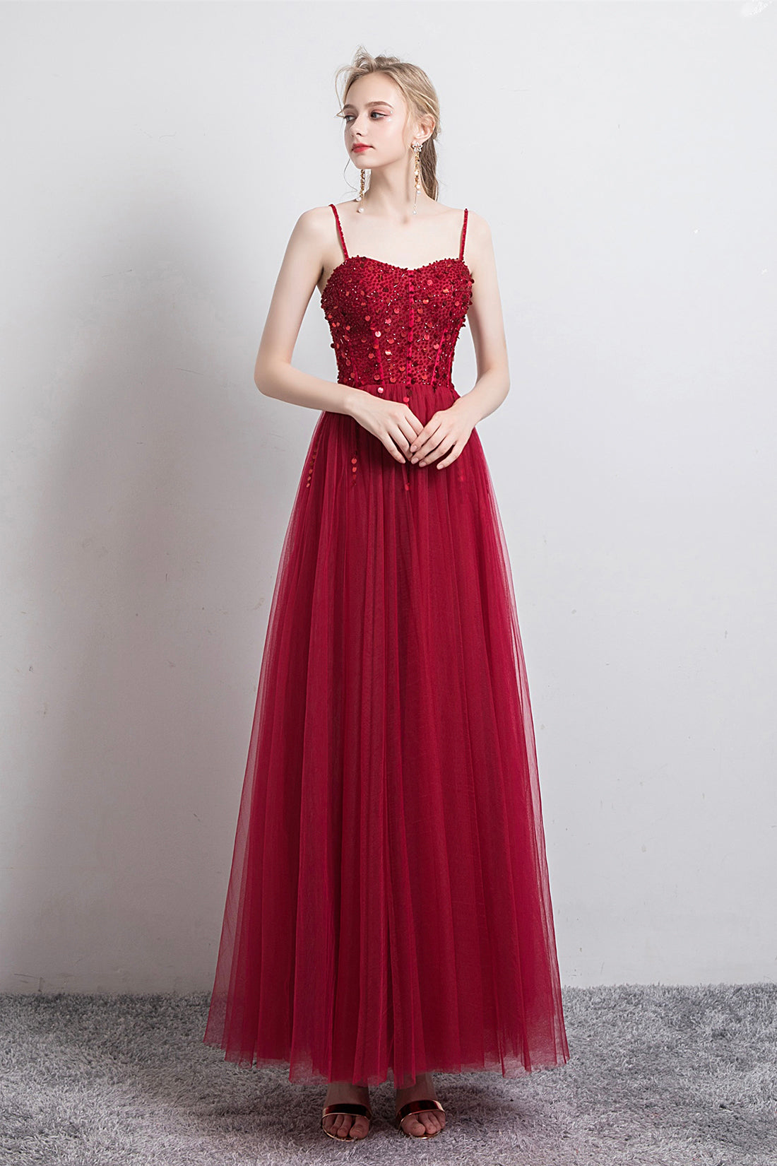 Burgundy Spaghetti Strap Tulle Formal Dress, Beautiful Evening Dress with Beaded