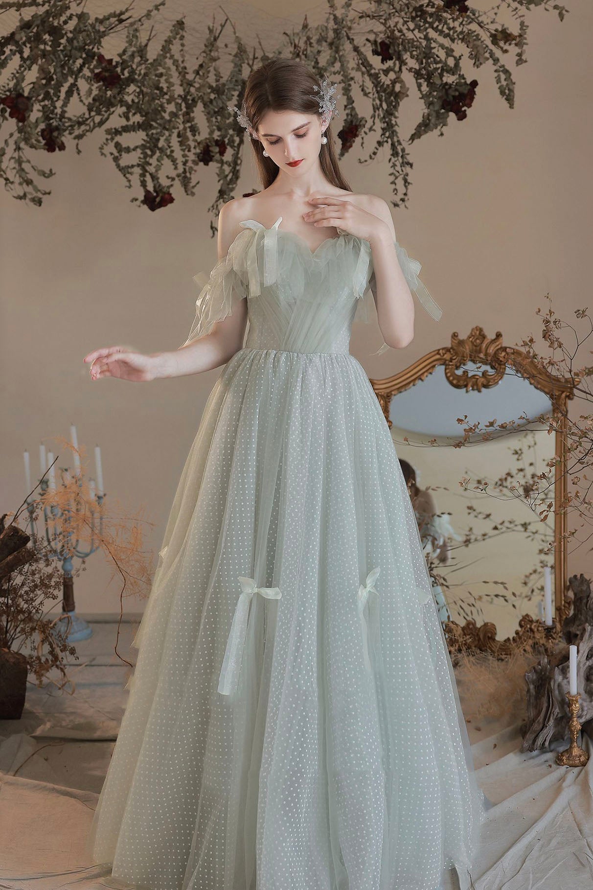 Light Green Tulle Long A-Line Prom Dress, Off the Shoulder Evening Party Dress
