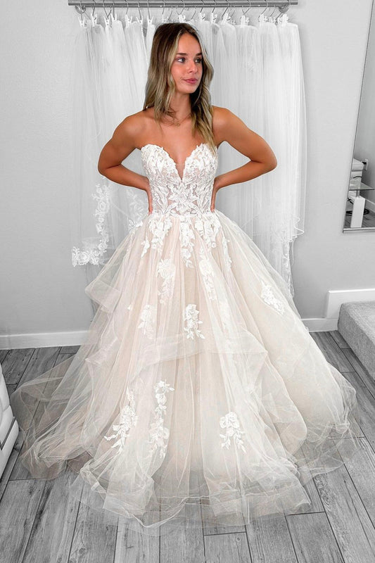 Light Champagne Tulle Lace Long Prom Dress, A-Line Strapless Formal Dress Party Dress