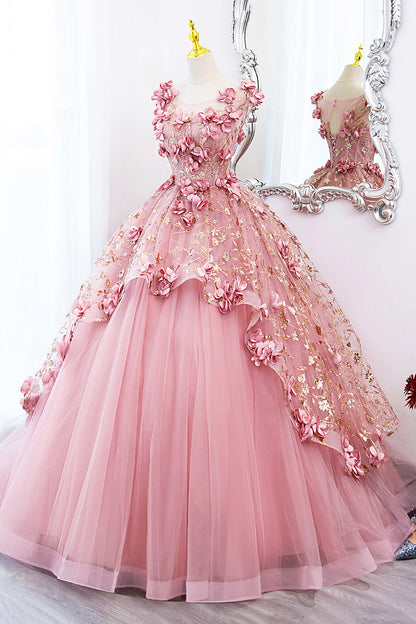 Beautiful Pink Tulle Long Prom Dress with Flowers, Lovely Tulle Sweet 16 Dress