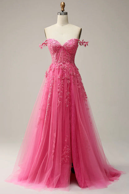 Hot Pink Lace Long Prom Dress, Spaghetti Strap Evening Dress Party Dress
