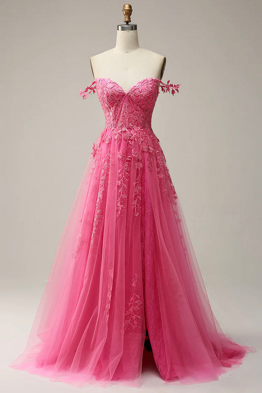 Hot Pink Lace Long Prom Dress, Spaghetti Strap Evening Dress Party Dress