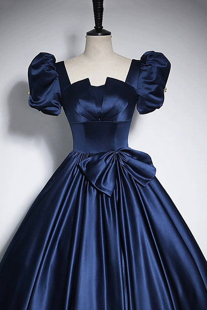 Elegant Blue Satin Prom Dresses, Square Neckline Puffy Short Sleeve Bow Backless Floor-Length Formal Dresses