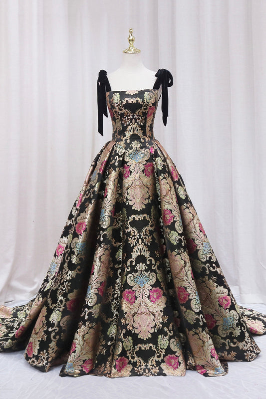 Unique Floral Floor Length Prom Dress, A-Line Black Evening Dress