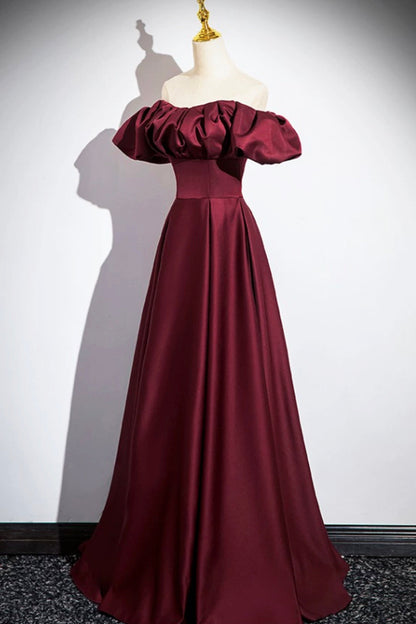 Burgundy Satin Floor Length Prom Dress, Simple A-Line Evening Party Dress
