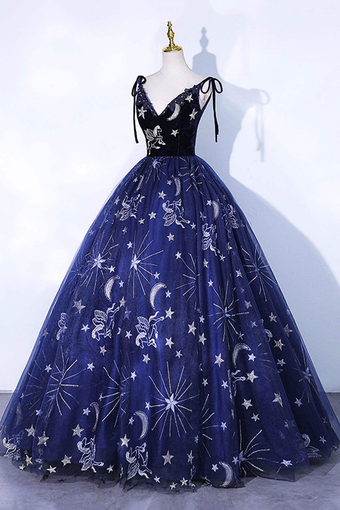 Beautiful Navy Blue Tulle Long Prom Dress, Spaghetti Straps Lace Flower Backless Formal Dress
