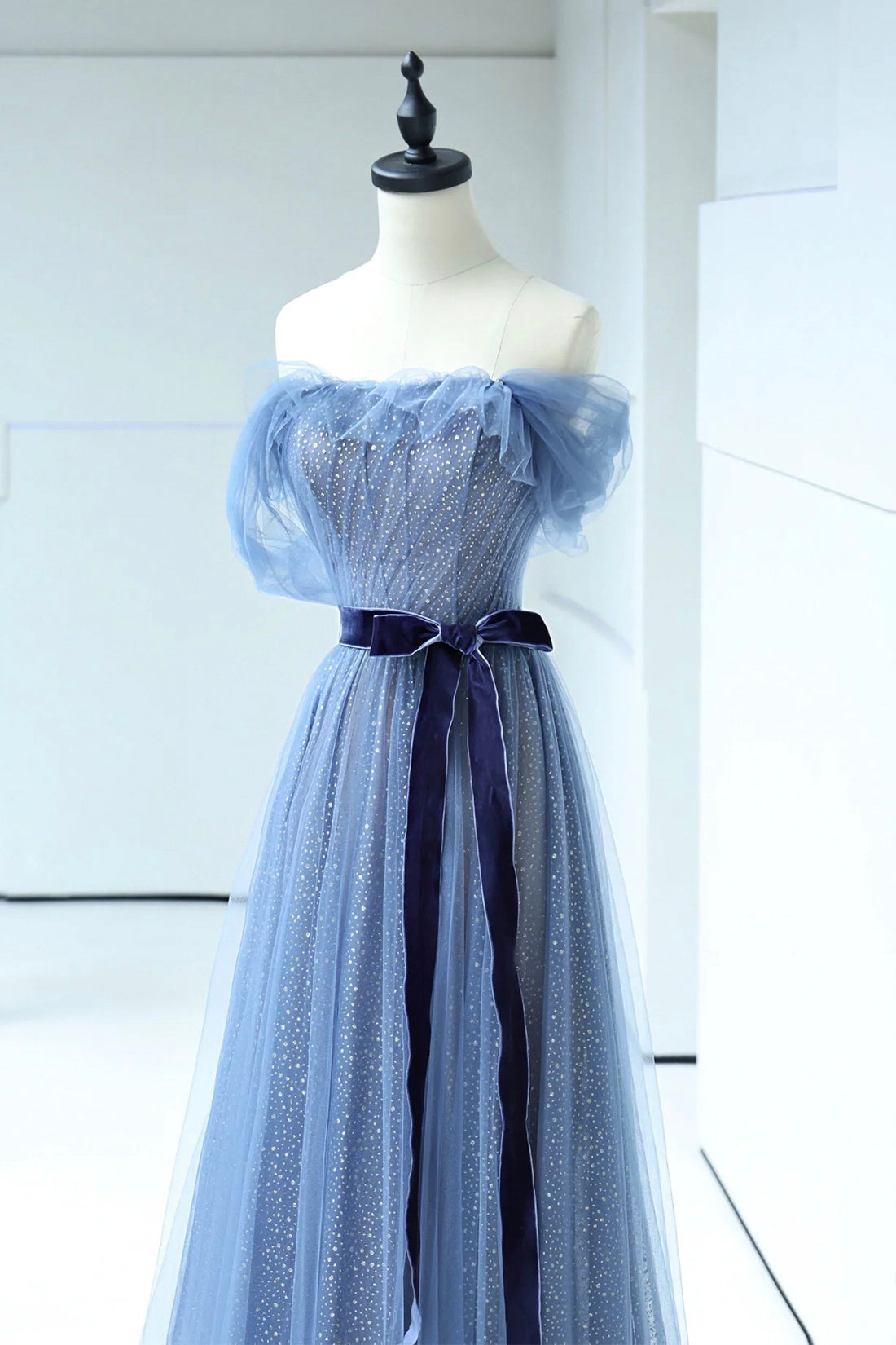 Beautiful Blue Floor Length Prom Dress, A-line Strapless Tulle Evening Dress