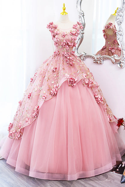 Beautiful Pink Tulle Long Prom Dress with Flowers, Lovely Tulle Sweet 16 Dress