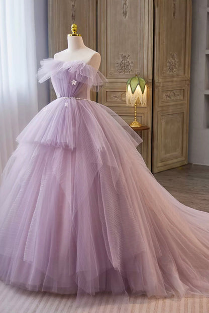 Lilac Strapless Tulle Long Prom Dresses with Pearls Belt, Lilac Off the Shoulder Formal Evening Dresses