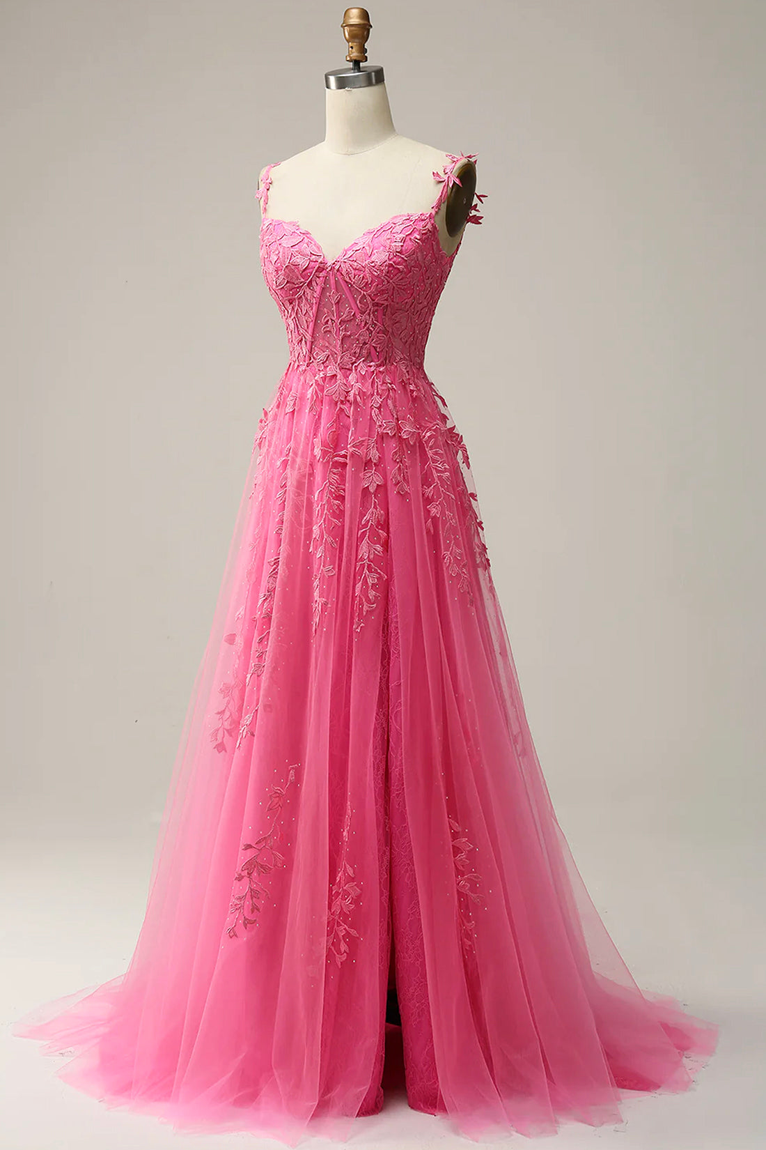 Hot Pink Lace Long Prom Dress, Spaghetti Strap Evening Dress Party Dress