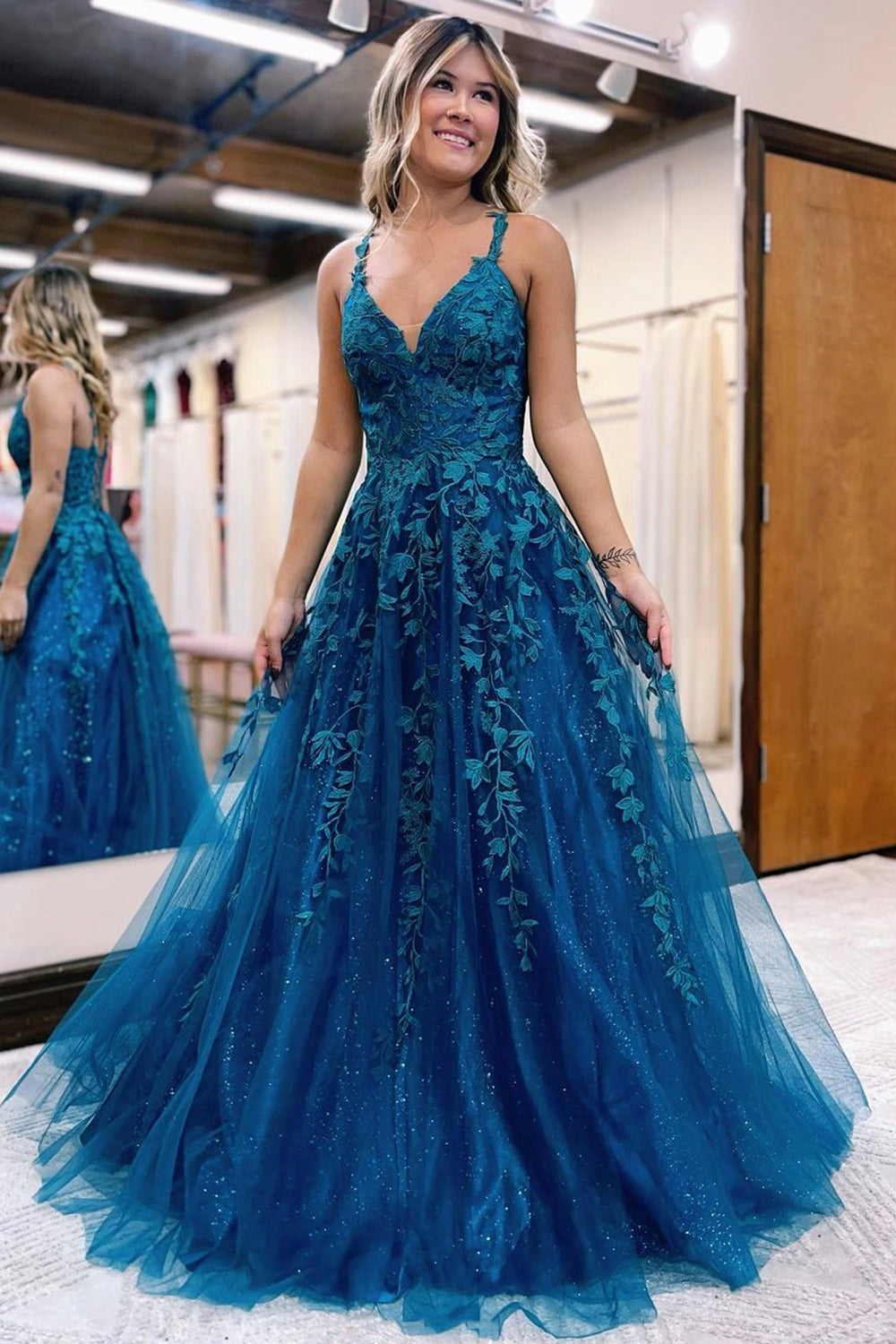 Blue V-Neck Lace Long Prom Dress, A-Line Blue Evening Dress