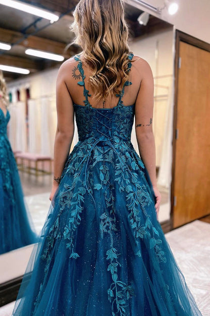 Blue V-Neck Lace Long Prom Dress, A-Line Blue Evening Dress