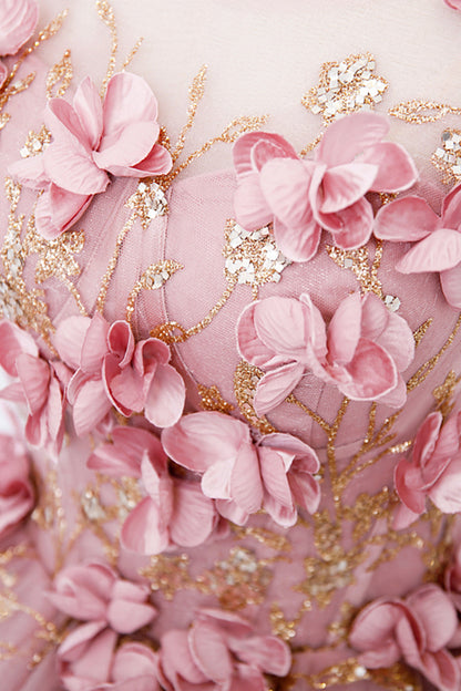 Beautiful Pink Tulle Long Prom Dress with Flowers, Lovely Tulle Sweet 16 Dress