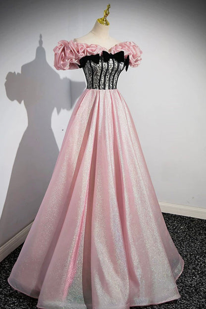 Beautiful Shiny Tulle Long A-Line Pink Corset Prom Dress, Off the Shoulder Evening Party Dress