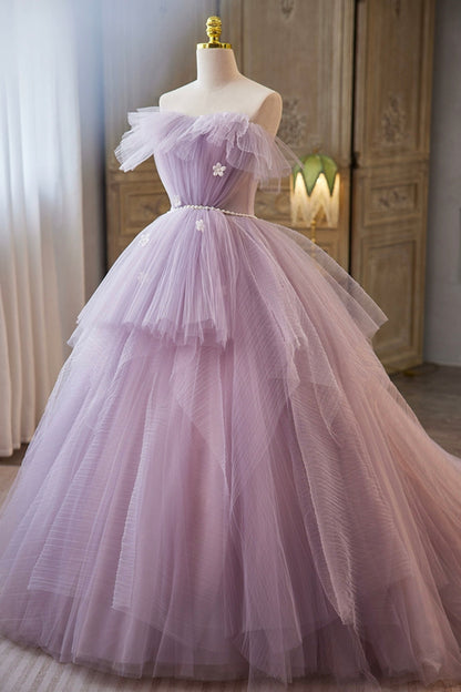 Lilac Strapless Tulle Long Prom Dresses with Pearls Belt, Lilac Off the Shoulder Formal Evening Dresses