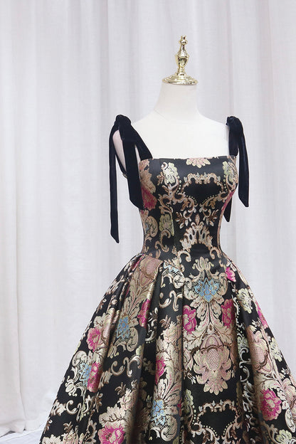 Unique Floral Floor Length Prom Dress, A-Line Black Evening Dress