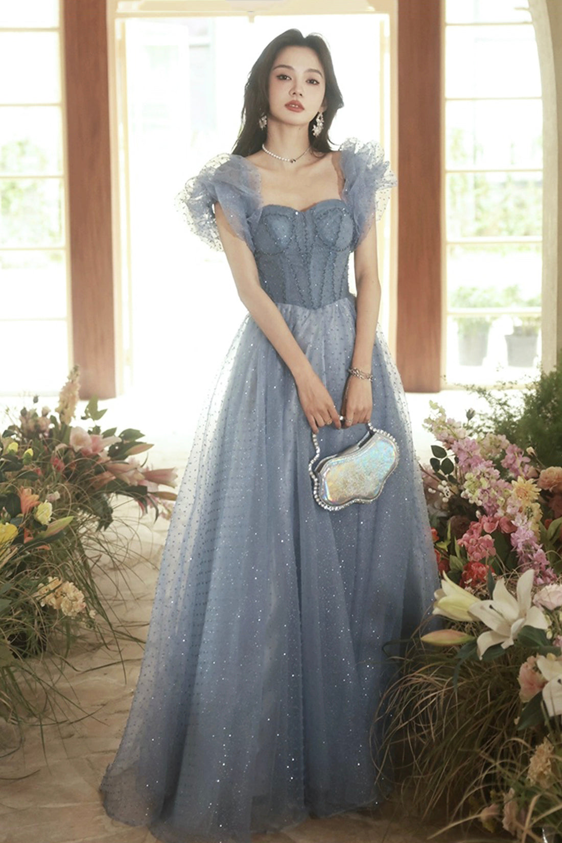 Gray Tulle Beaded Floor Length Prom Dress, Beautiful Short Sleeve Evening Dress