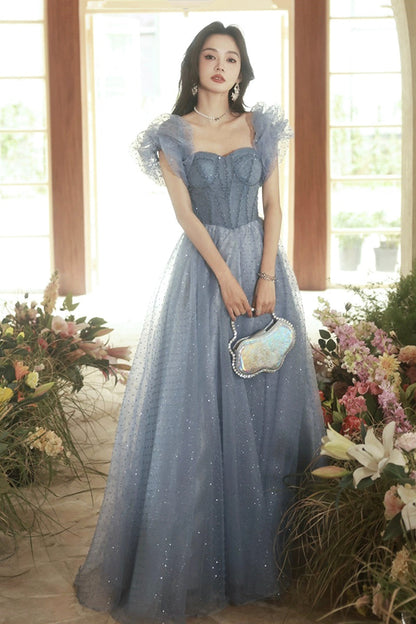 Gray Tulle Beaded Floor Length Prom Dress, Beautiful Short Sleeve Evening Dress