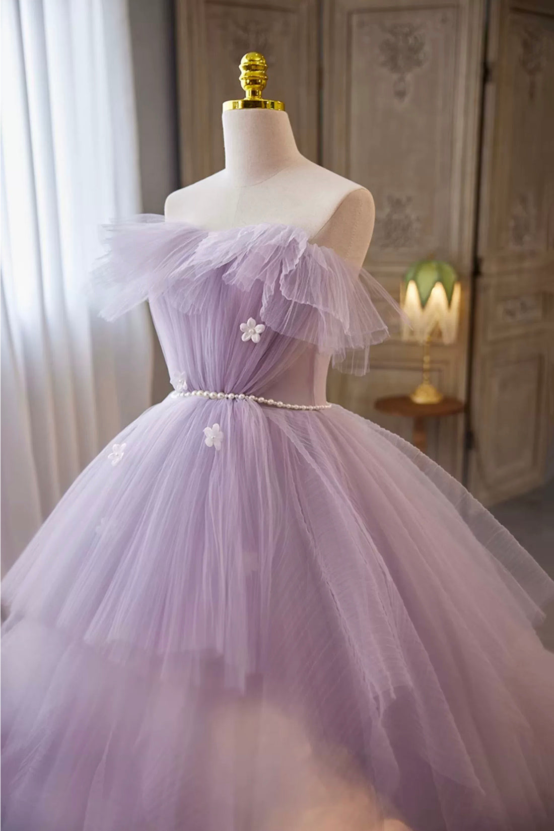 Lilac Strapless Tulle Long Prom Dresses with Pearls Belt, Lilac Off the Shoulder Formal Evening Dresses