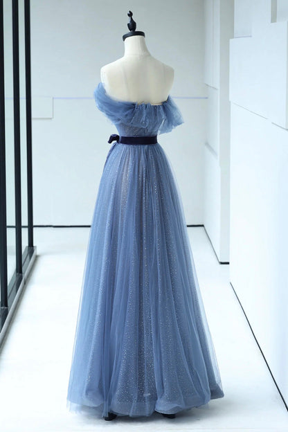 Beautiful Blue Floor Length Prom Dress, A-line Strapless Tulle Evening Dress