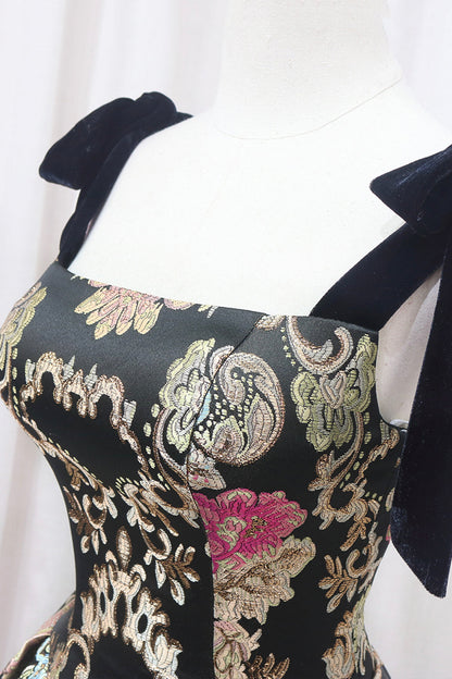 Unique Floral Floor Length Prom Dress, A-Line Black Evening Dress