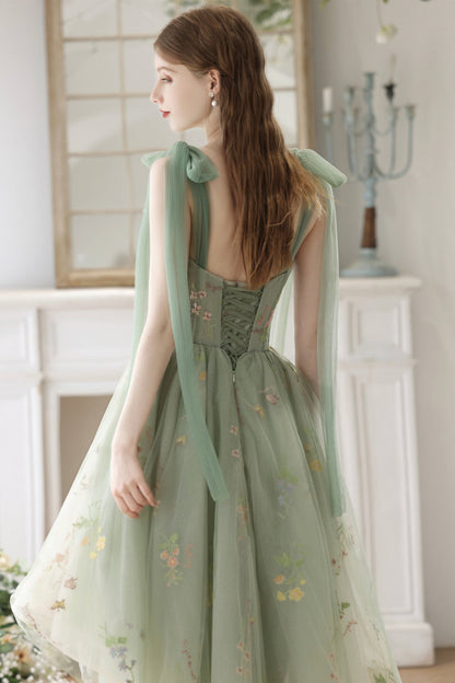 Beautiful Floral Tulle High Low Party Dress, Green Lace Homecoming Dress