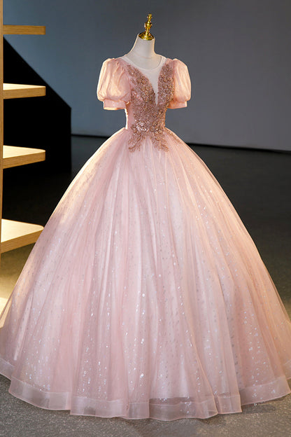 Pink Tulle Beaded Long Ball Gown, Beautiful A-Line Prom Dress, Pink Sweet 16 Dress