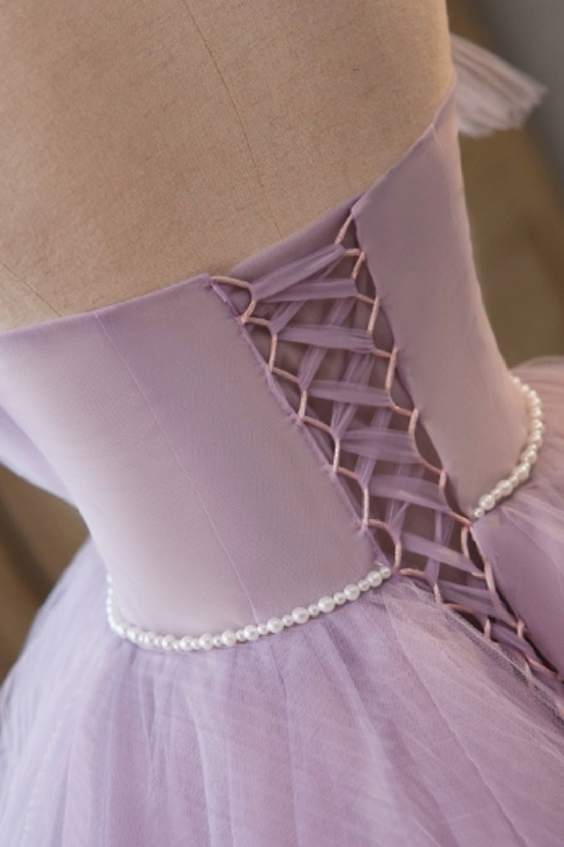 Lilac Strapless Tulle Long Prom Dresses with Pearls Belt, Lilac Off the Shoulder Formal Evening Dresses