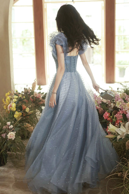 Gray Tulle Beaded Floor Length Prom Dress, Beautiful Short Sleeve Evening Dress