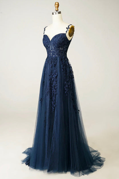 Navy Blue Tulle Lace Long Prom Dress, Beautiful Spaghetti Straps Formal Dress