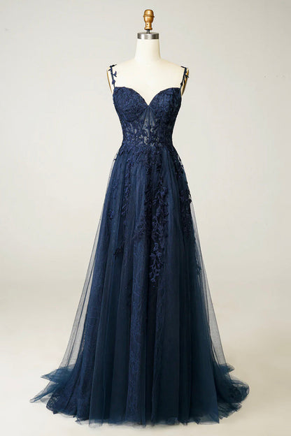 Navy Blue Tulle Lace Long Prom Dress, Beautiful Spaghetti Straps Formal Dress